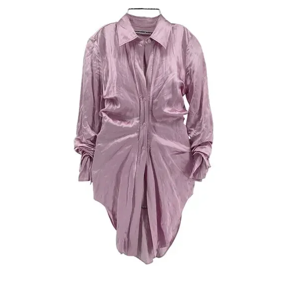 Alexander Wang Pink Viscose Ruched Crinkled-Satin Shirt Size 0